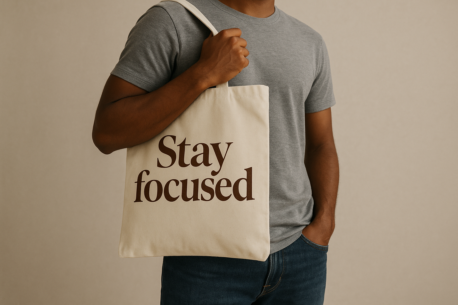 Tote bag crème Stay focused photo portée