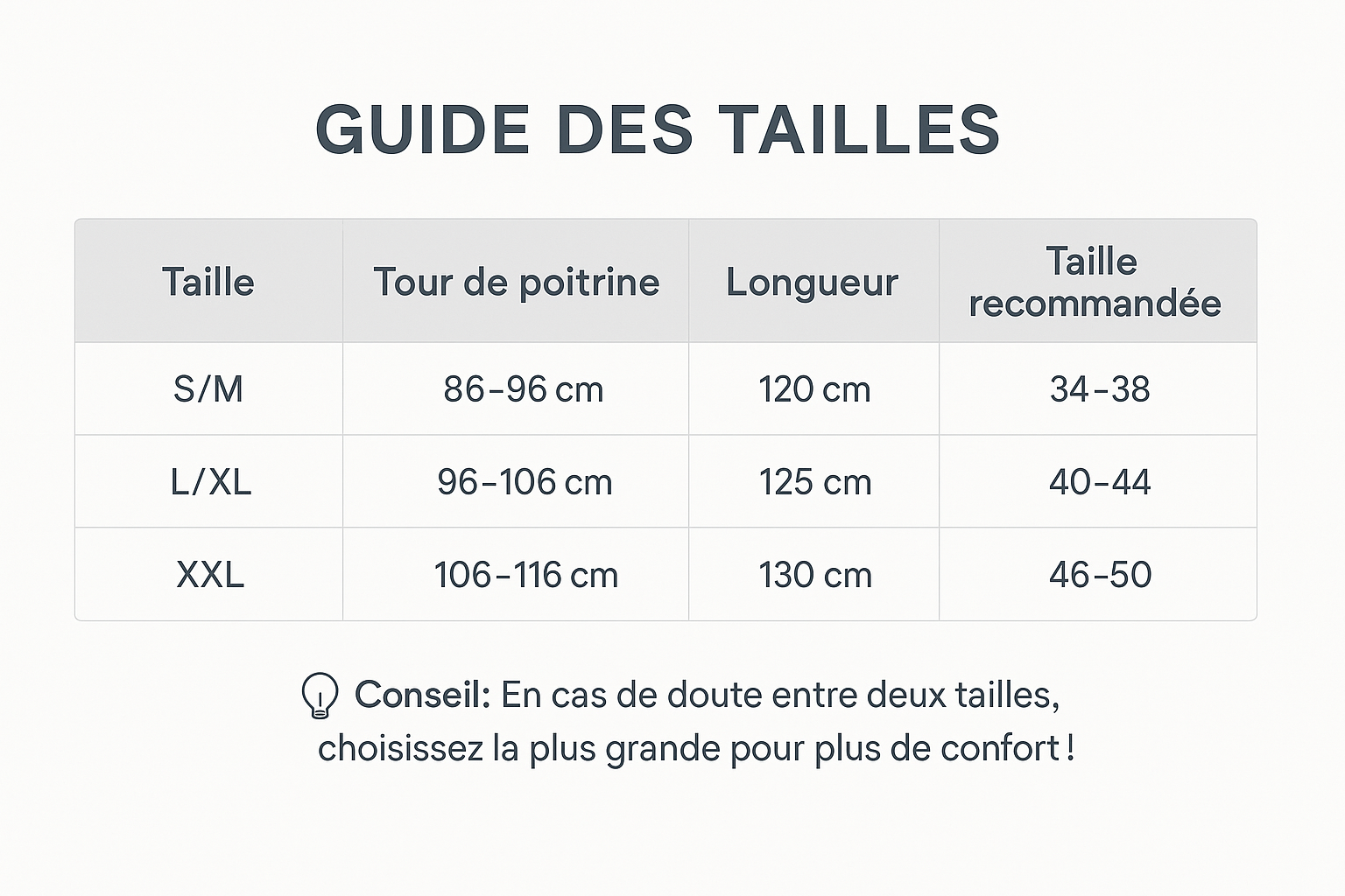Guide des tailles peignoir